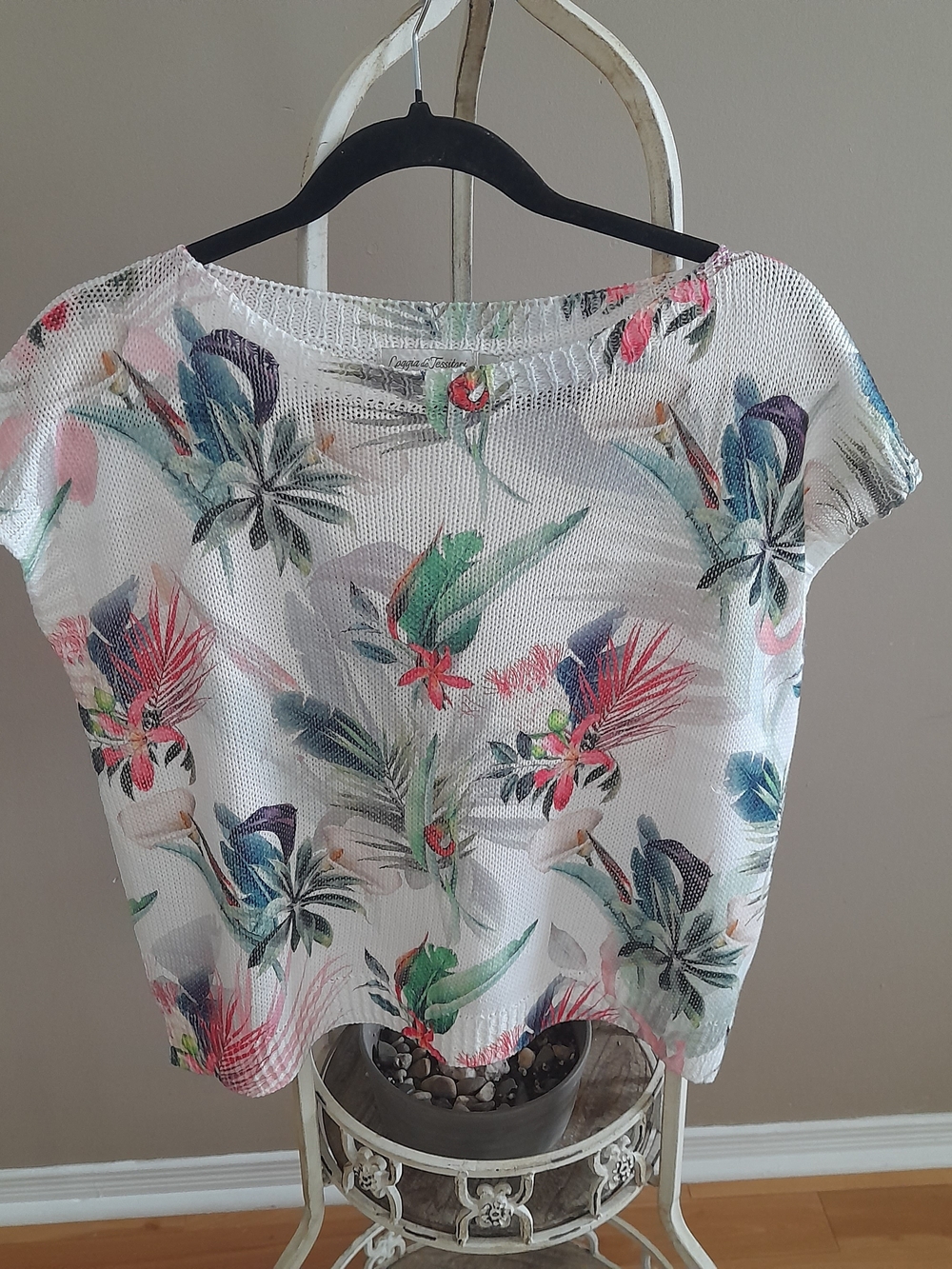 Women's White Short-Sleeve Knit Tee with Multicolor Tropical Print